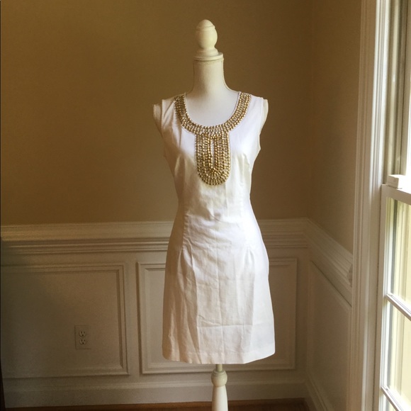 Sharagano Dresses & Skirts - SHARAGANO White Dress w/Gold Beads EUC Sz.8